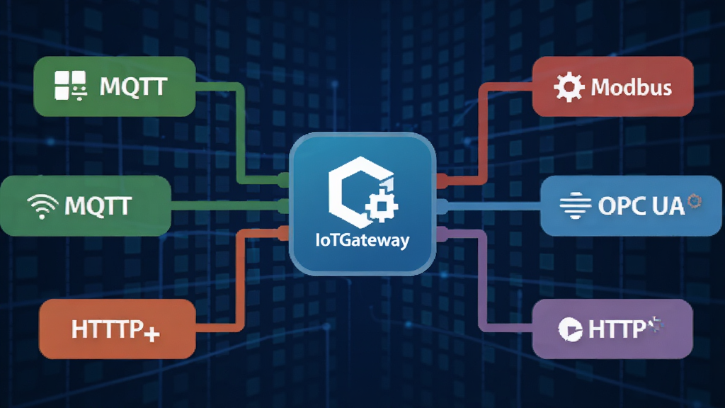 һ��չʾIoTGateway��Э����������ĿƼ�����ͼ������������IoTGateway������ͼ�꣬��Χ������MQTT��Modbus��OPC UA��HTTP��Э���ǩ��ÿ����ǩ�ò�ͬ��ɫ���������ӵ�����ͼ�꣬����������ɫ���������񣬷���ƽ���Ƽ��У����ʸɾ��޶���Ԫ��