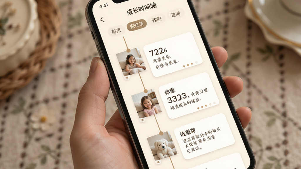 ����¼�ɳ�ʱ������棬�ֻ���Ļ��չʾһ������ʱ���ߣ�ʱ�����Ϸֲ�����Ƭ����ͼ���������ֺ������ռǿ�Ƭ��������ɸѡ��ǩ������������ů���װ�ɫ�������������򣬷���Լ���գ����ʸɾ��޶���Ԫ��