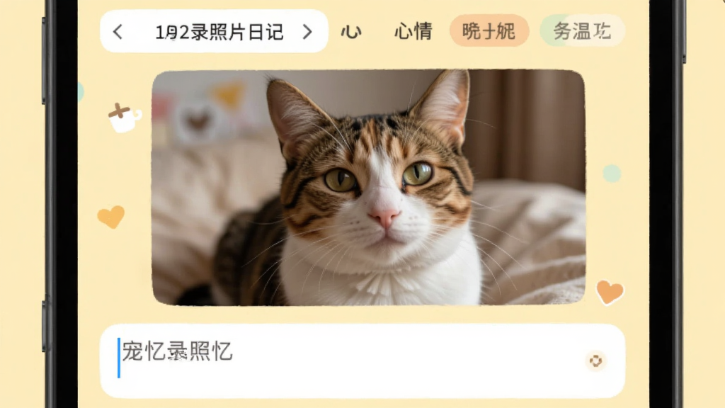 ����¼��Ƭ�ռǱ༭���棬�ֻ���Ļ��չʾһ��è����Ƭ���·��������������������й����˸���Ϸ�������ѡ�����������ǩ�������ǵ���ɫ�������ܰ��ͣ����������޶���Ԫ��