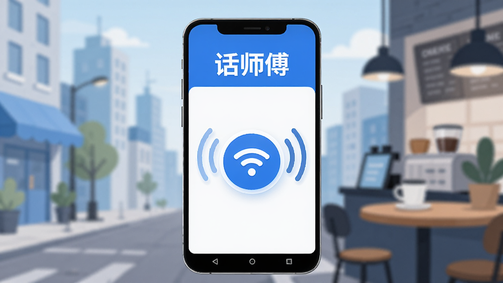 ����������һ����׿�ֻ����ֻ���Ļ����ʾ�Ż�ʦ��APP�������棬���涥���С���ʦ���������֣��м���һ����Ŀ��WiFi���Ӱ�ť����Χ�����Ŵ����źŵĵ粨�����������ǳ��н־��뿧������ģ������������ִ���ƽ��ɫ������ɫ�Ͱ�ɫΪ����ϸ��Բ�󣬻��ʸɾ��������޶���Ԫ��
