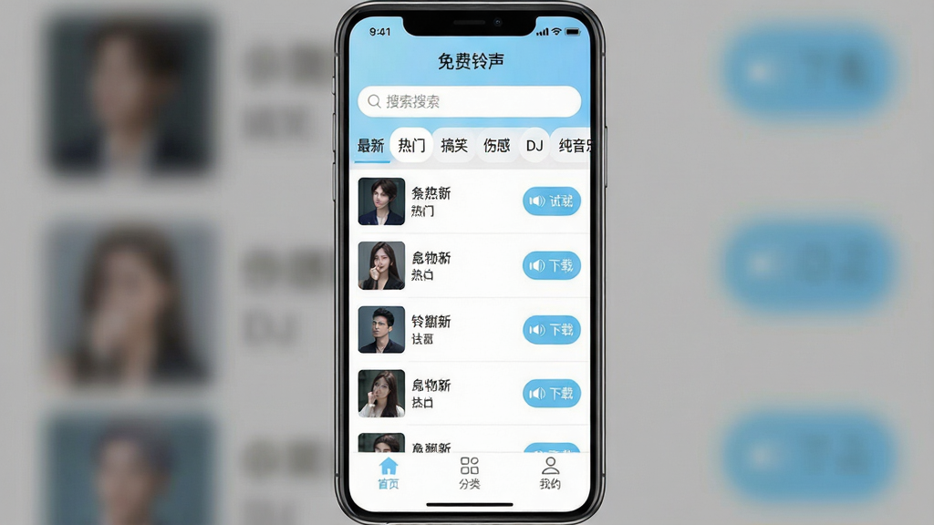 һ���ֻ�Ӧ�ý����ͼ�����������ǡ����������APP�������棬�����������·��Ǻ�������ķ����ǩ�����������¡������š�����Ц�����˸С���DJ���������֡��ȣ��м������������б���ÿ�������Ҳ������������ذ�ť���ײ���������ʾ����ҳ�������ࡱ���ҵġ�����ѡ���������ɫ�԰�ɫ�͵���ɫΪ���������ˬ��࣬���ʸɾ��޶���Ԫ�أ�UI���������ִ���