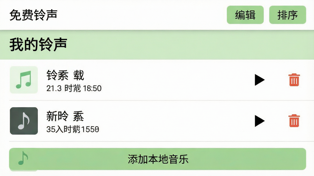 һ���ֻ�Ӧ�ý����ͼ��չʾ�����������APP�ġ��ҵ�����������ҳ�棬�б�����ʾ�����ص��������ơ��ļ���С������ʱ�䣬ÿ���Ҳ��в��ź�ɾ��ͼ�꣬ҳ�涥���С��༭���͡����򡱰�ť���ײ��С����ӱ������֡���ڣ�������Ƽ��ʵ�ã���ɫ�԰�ɫ��ǳ��ɫΪ�������ʸɾ�������