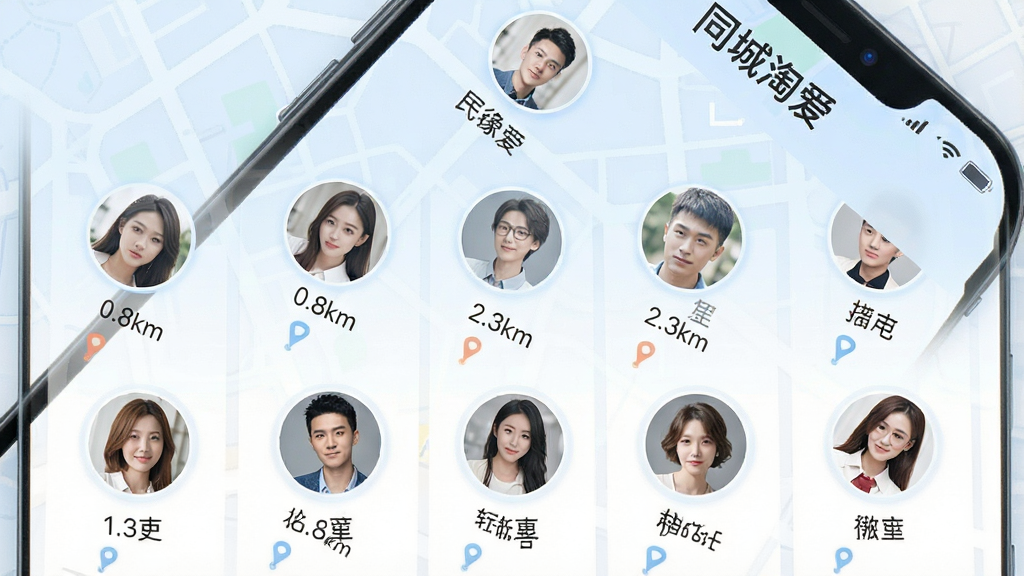 一张展示“同城淘爱”App内附近用户列表界面的图片,画面中显示多位用户的圆形头像和昵称,每个头像下方标注着精确的距离如“0.8km”、“2.3km”,界面背景带有淡蓝色的地图纹理,风格清爽现代,文字清晰可见,画质干净无杂乱元素。