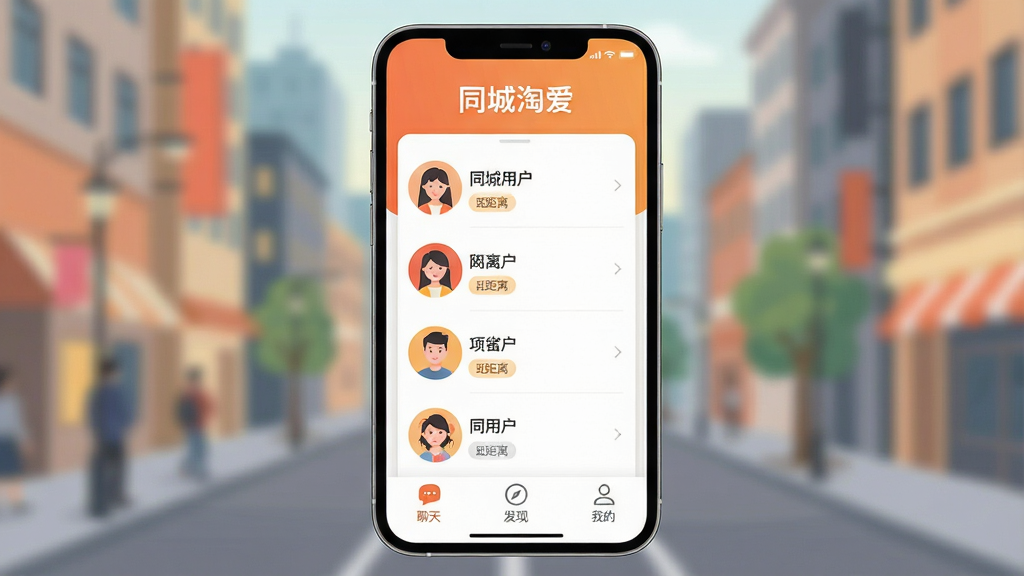 一张展示手机屏幕的图片,屏幕上是“同城淘爱”App的主界面,界面设计简洁清新,以暖色调为主,顶部有“同城淘爱”的文字标识,中间是附近用户头像列表和距离标签,底部有聊天、发现、我的三个导航按钮,背景是模糊的城市街景,风格现代扁平,画质干净明亮,无多余元素。