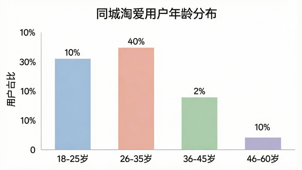 一张柱状图,标题为“同城淘爱用户年龄分布”,横轴标注“18-25岁”、“26-35岁”、“36-45岁”、“46-60岁”,纵轴标注“用户占比”,柱状图显示18-25岁占比约30%,26-35岁占比约40%,36-45岁占比约20%,46-60岁占比约10%,图表风格简洁商务,颜色柔和,数据标签清晰,画质干净无多余元素。