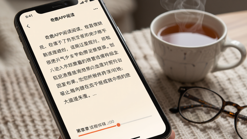 一张展示奇鹿APP阅读界面的特写图,手机屏幕显示着小说正文内容,字体清晰,背景是柔和的米黄色,页面底部有章节进度条,旁边放着一杯热茶和一副眼镜,营造出安静舒适的阅读氛围,风格写实,画质高清
