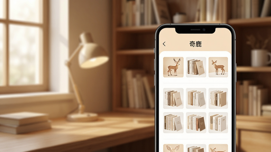 一张展示奇鹿APP核心界面的手机样机图,背景是温馨的书房角落,手机屏幕上显示着干净清爽的书架列表,顶部有“奇鹿”字样,整体色调温暖舒适,风格简约现代,画质清晰,无多余元素
