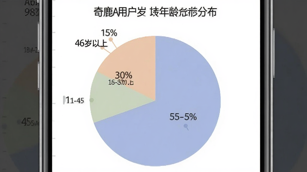 一张展示奇鹿APP用户年龄分布的饼状图,图表中显示18-30岁占55%,31-45岁占30%,46岁以上占15%,图表颜色柔和,背景是简洁的手机屏幕界面,风格商务扁平,画质清晰