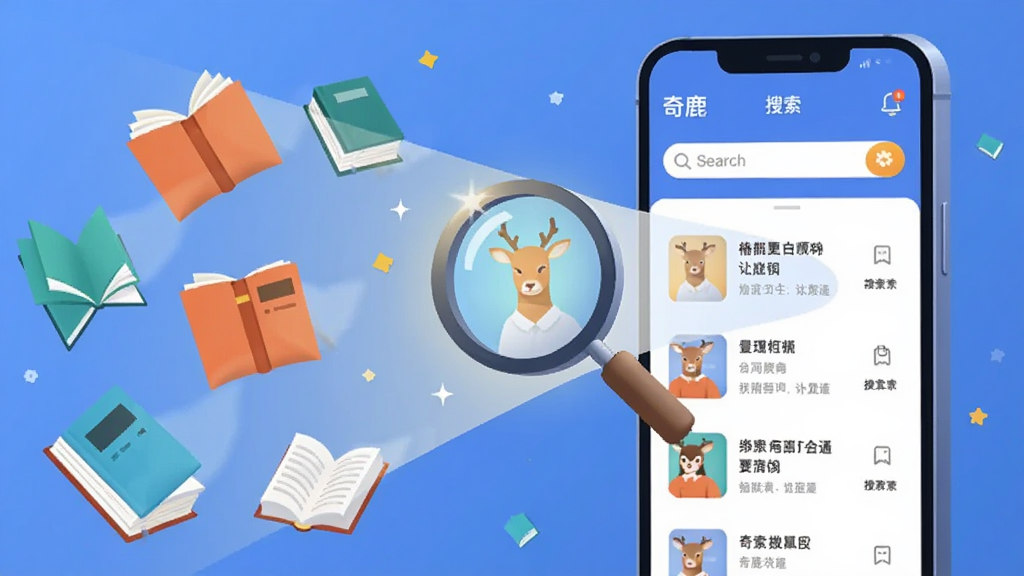 一张以“奇鹿”APP搜索界面为主体的创意插画,画面中一个放大镜图标散发着光芒,光芒连接着周围许多漂浮的书本,手机屏幕上显示着搜索框和整齐的搜索结果列表,风格扁平化,色彩明快,细节干净,画质细腻