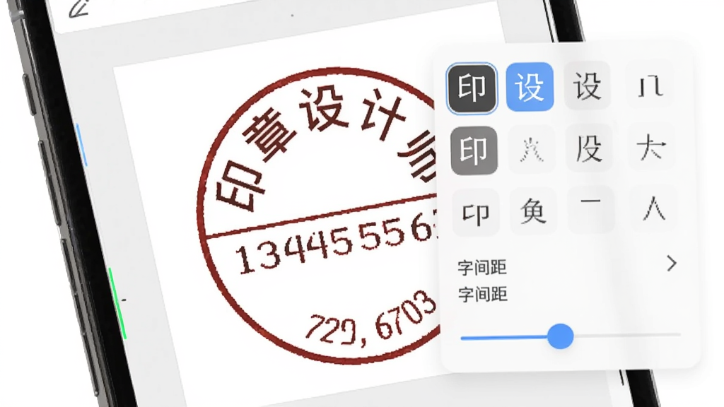 手机屏幕显示印章设计师App的文字编辑界面,一枚圆形印章的上半圈有弧形排列的「印章设计师」文字,下半圈有水平排列的编号数字,屏幕上弹出字体选择面板和字间距调节滑块,背景是白色工作区,界面布局清晰,风格简洁,画质干净,无多余元素