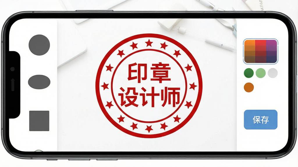 手机屏幕显示印章设计师App主界面,界面中央是一枚红色的圆形电子印章,印章边缘清晰,印章内部有「印章设计师」四个字,周围环绕着圆形边框和五角星图案,背景是简洁的白色工作台,左侧工具栏显示圆形、椭圆、方形三种印章形状图标,右侧显示颜色选择和保存按钮,整体布局清晰,风格现代扁平,画质干净,无多余元素