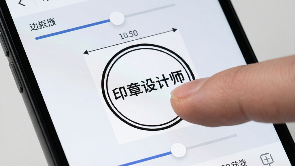 手机屏幕特写,印章设计师App中一枚圆形电子印章正在被手指拖动调整大小,屏幕上显示圆形印章的直径数值和边框粗细滑块,印章内部文字为「印章设计师」,背景是浅灰色工作区,界面简洁,风格现代,画质清晰,无多余元素