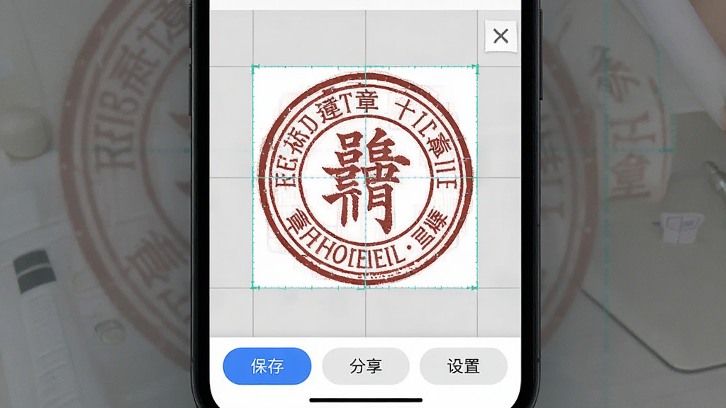 手机屏幕显示印章设计师App的工作界面,一枚圆形印章正在被编辑,屏幕上有网格辅助线,底部工具栏显示「保存」「分享」「设置」按钮,背景是浅灰色工作区,界面简洁,风格现代,画质清晰,无多余元素