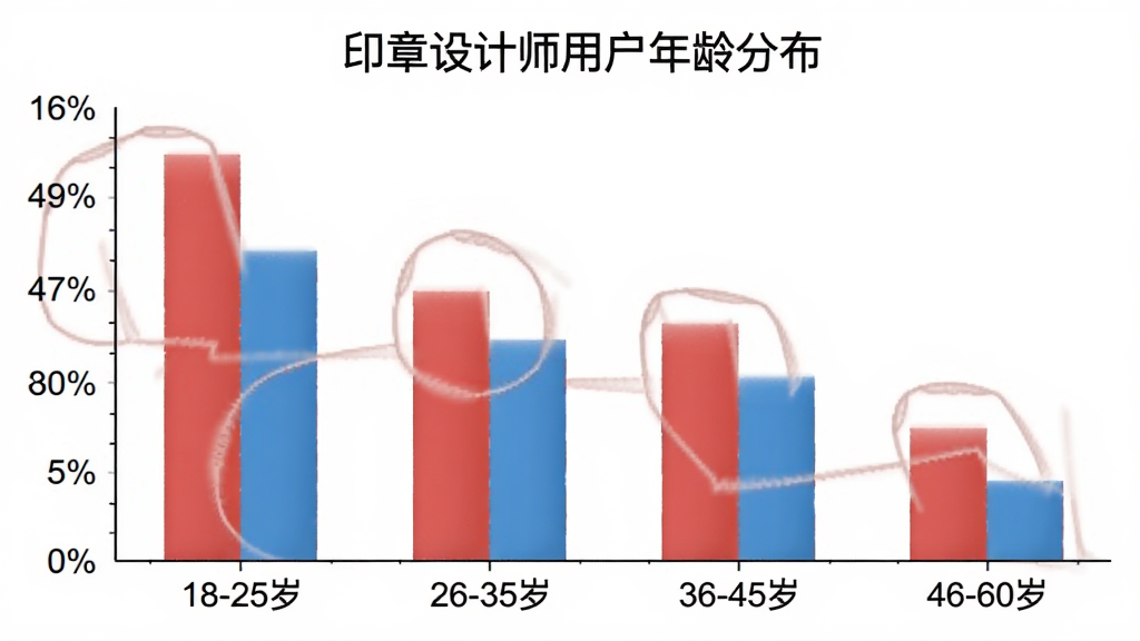 柱状图展示印章设计师用户年龄分布,横轴为年龄段「18-25岁」「26-35岁」「36-45岁」「46-60岁」,纵轴为用户占比百分比,柱状颜色为红色和蓝色相间,图表标题为「印章设计师用户年龄分布」,背景白色,风格简洁,画质清晰,无多余元素