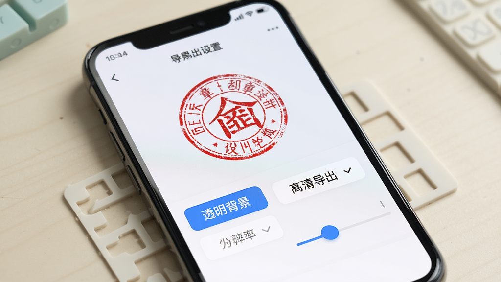 手机屏幕显示印章设计师App的导出设置界面,屏幕上有一枚红色圆形印章,下方显示「透明背景」和「高清导出」两个选项按钮,旁边有分辨率选择滑块,背景是浅色工作台,界面简洁,风格现代,画质清晰,无多余元素