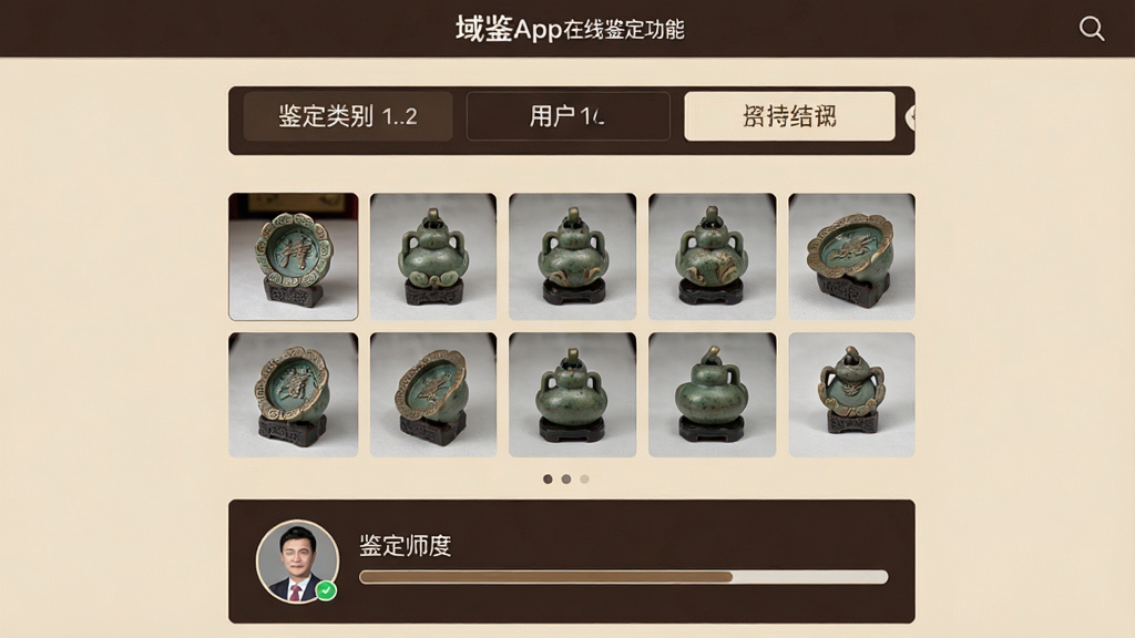 һ�����App���߼������ܵĽ����ͼ������չʾ�û��ϴ���Ʒ��Ƭ��ȴ����������ҳ�棬�Ϸ���ʾ�������ѡ�������в��ǲ�Ʒ��Ƕ���Ƭ����ͼ���·��м���ʦͷ��ͽ����������岼������������ɫ������ɫΪ��ɫ�������רҵ���أ�ϸ�ڸɾ����䣬���������޶���Ԫ�ء�