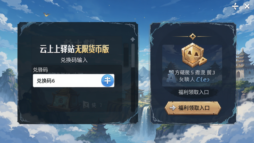 云上驿站无限货币版 兑换码输入界面与福利领取入口截图