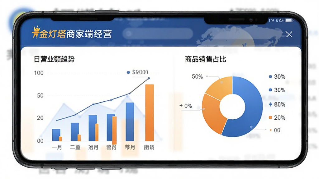 金灯塔商家端经营报表界面,手机屏幕展示柱状图和饼状图,显示日营业额趋势和商品销售占比,图表颜色为蓝色和橙色,界面有“金灯塔商家端”文字标注,风格现代商务,排版整齐,画质清晰