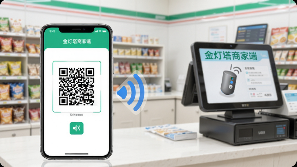 金灯塔商家端收款码与语音播报场景,手机屏幕显示收款二维码,旁边有蓝牙音箱图标发出声波符号,背景是便利店收银台,画面中有“金灯塔商家端”文字标识,风格简洁明亮,细节清晰,画质干净