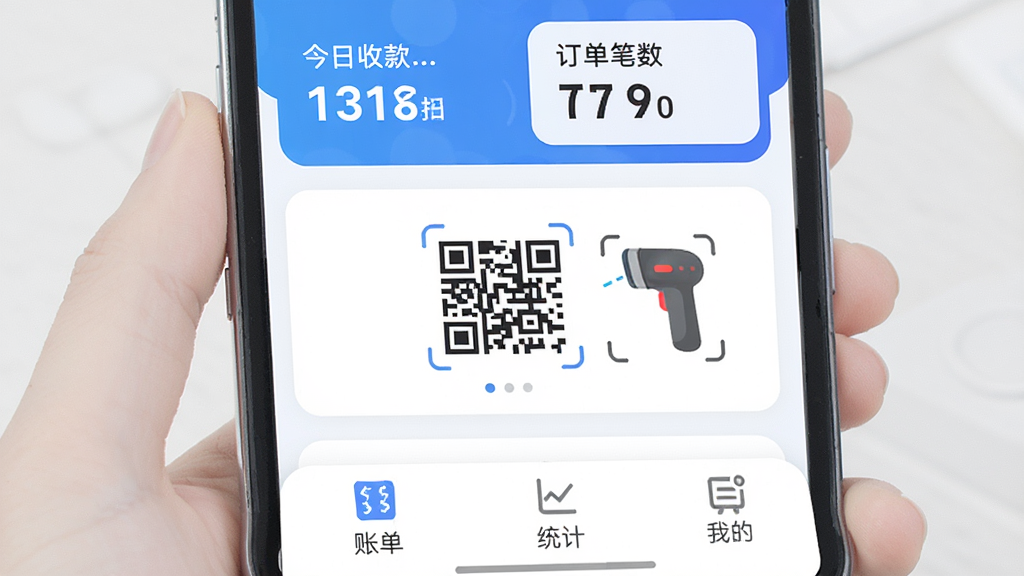 金灯塔商家端APP主界面展示,手机屏幕显示店铺经营数据看板,顶部是今日收款总额和订单笔数,中间是收款二维码和扫码枪图标,底部为账单、统计和我的三个选项卡,蓝白配色,现代扁平风格,布局清晰,细节圆润,画质干净无多余元素