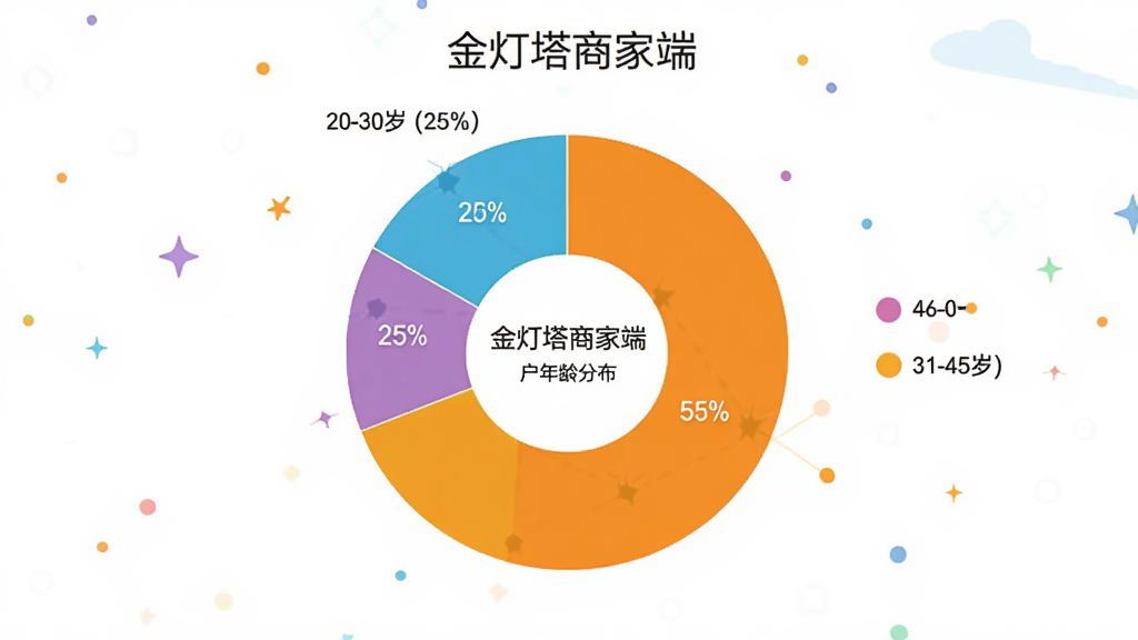 金灯塔商家端用户年龄分布饼状图,图表显示20-30岁占25%,31-45岁占55%,46-60岁占20%,图表颜色区分明显,有“金灯塔商家端”文字标识,风格简洁数据化,画质清晰