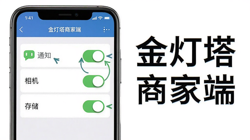 金灯塔商家端安装权限设置示意图,手机屏幕显示权限管理界面,标注出通知、相机、存储权限开关,旁边有“金灯塔商家端”文字,风格直观教学,画面清晰,细节明确