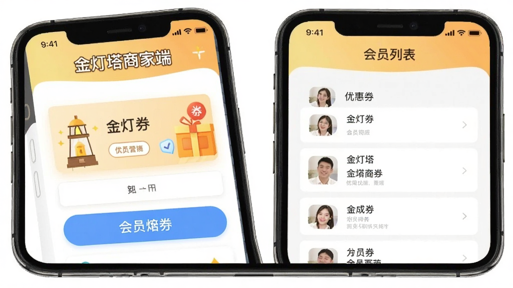 金灯塔商家端会员营销界面,手机屏幕显示优惠券发放页面和会员列表,有“金灯塔商家端”文字标识,界面设计友好,按钮醒目,风格亲切,画质干净无多余元素