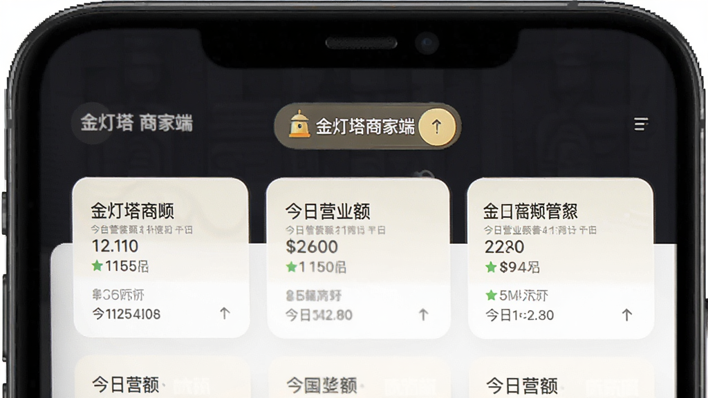 金灯塔商家端多店铺管理界面,手机屏幕显示店铺列表,每个店铺卡片上有店铺名称和今日营业额,顶部有切换店铺按钮,界面有“金灯塔商家端”文字标识,风格简约,布局清晰,画质干净