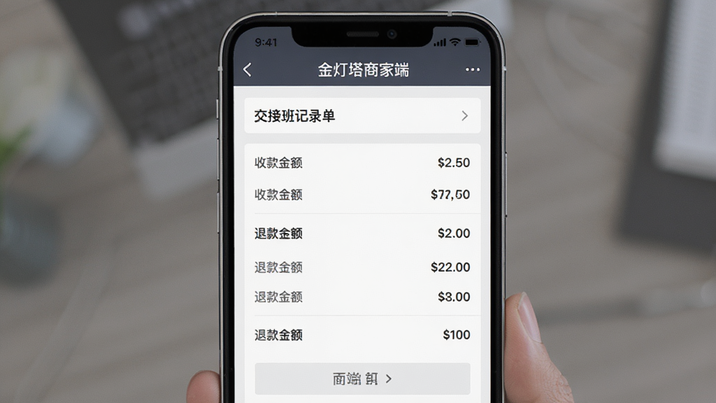 金灯塔商家端交接班界面,手机屏幕显示交接班记录单,包含收款金额和退款金额明细,界面有“金灯塔商家端”文字标识,风格严谨商务,排版规整,画质清晰