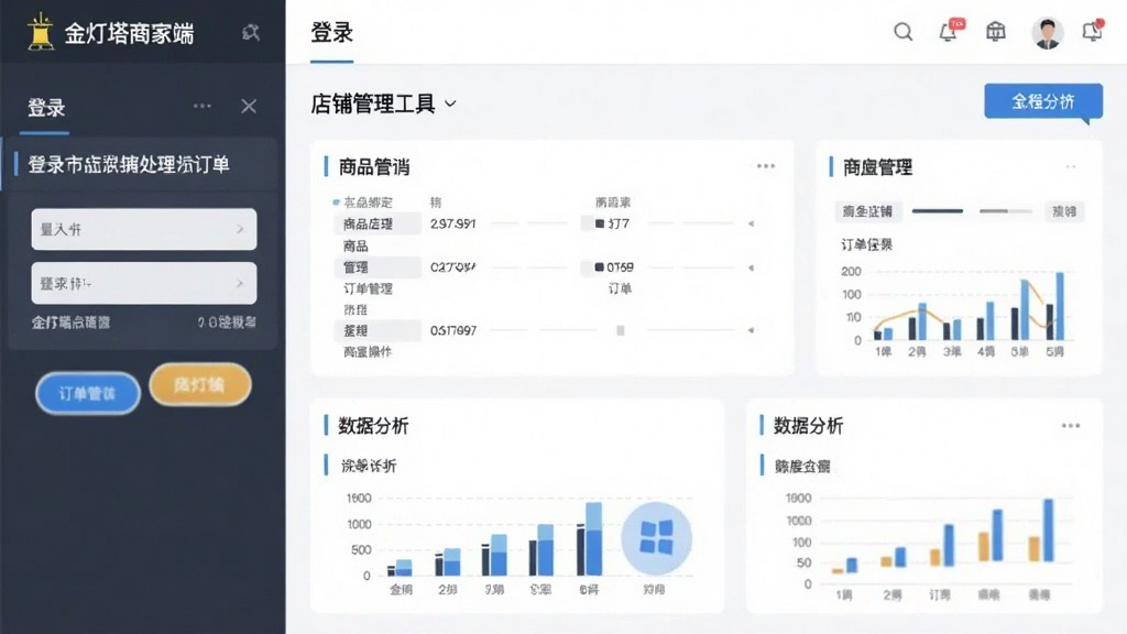 金灯塔商家端-店铺管理工具 登录绑定店铺商品管理订单处理数据分析全流程操作界面