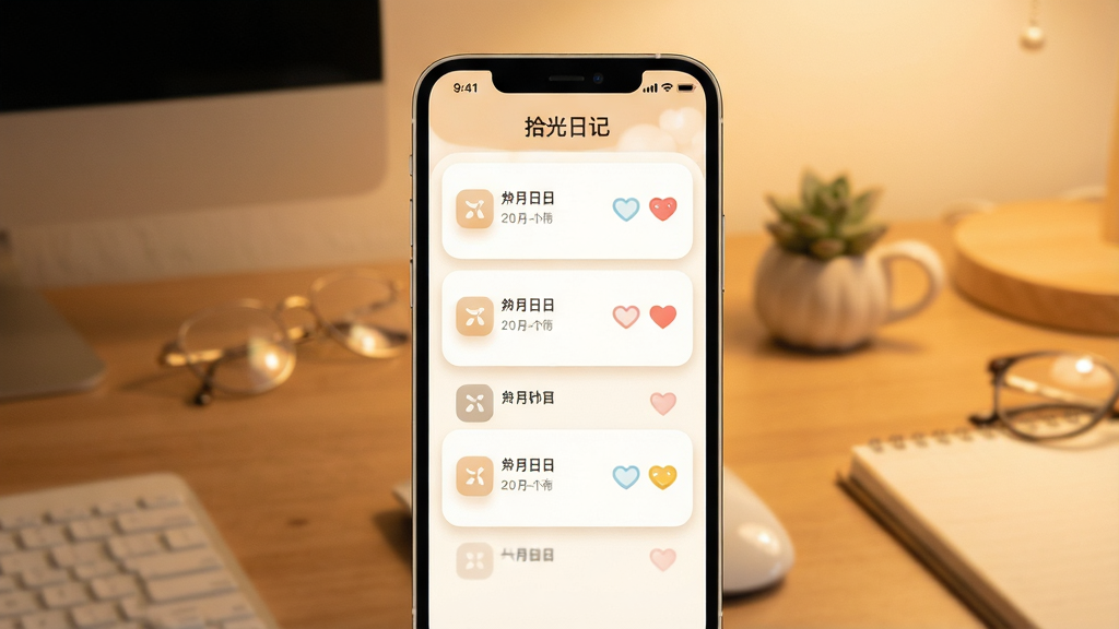 一张展示拾光日记App整体界面的图片,画面中央是手机屏幕,屏幕上显示日记列表页面,顶部有“拾光日记”文字标题,列表中有几条带有日期和心情图标的日记条目,背景是暖色调的桌面环境,主体是手机和App界面,布局居中,风格温暖简约,细节包括柔和的阴影和圆角图标,画质清晰,干净,无多余元素