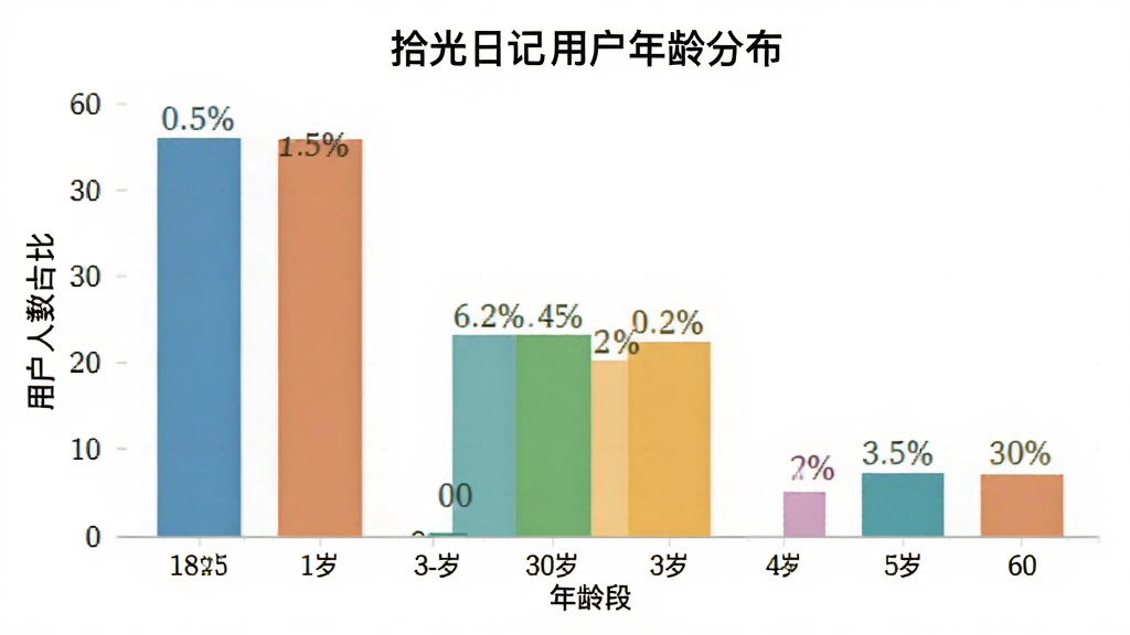 一张展示拾光日记用户年龄分布的柱状图,画面中横轴是年龄段从18岁到60岁,纵轴是用户人数占比,柱状图显示18-30岁占比最高,30-45岁次之,45岁以上也有一定比例,背景是白色简洁风格,主体是柱状图,布局居中,风格数据可视化,细节包括彩色柱子和百分比标签,画质清晰,干净,无多余元素