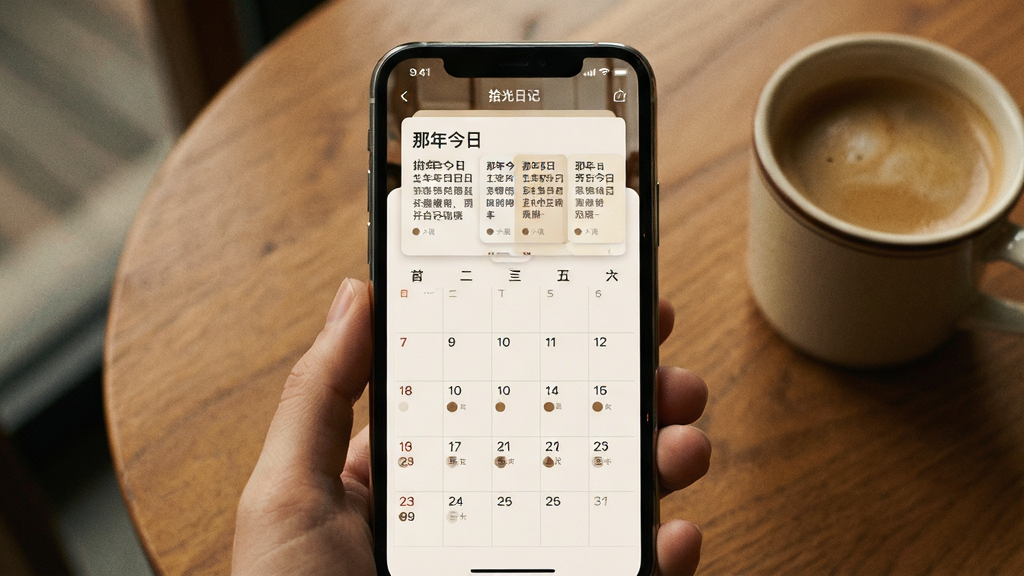 一张展示拾光日记时光轴回顾功能的图片,画面中手机屏幕显示日历视图,有日记的日期下方有小圆点标记,屏幕上方有“那年今日”卡片展示往年日记摘要,背景是木质桌面和一杯咖啡,主体是手机和日历界面,布局居中,风格怀旧温馨,细节包括日历网格和日记摘要卡片,画质清晰,干净,无多余元素