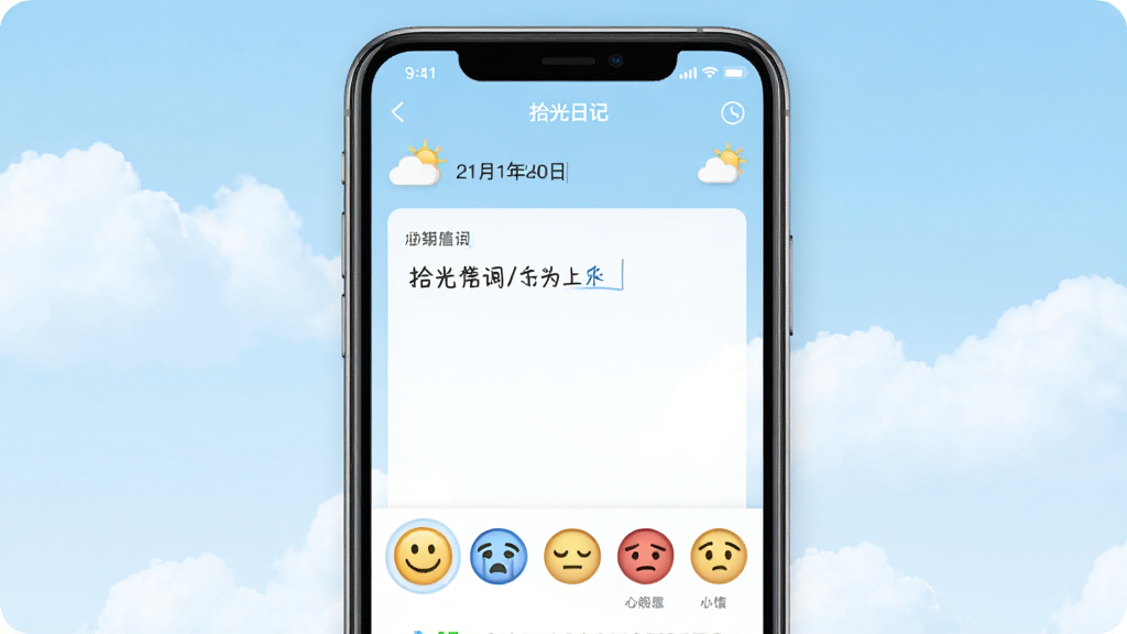 一张展示拾光日记心情标签功能的图片,画面中手机屏幕显示日记编辑页面,顶部有天气图标和日期,中间是文字输入区域,底部有一排心情表情图标,包括笑脸、哭脸、平静脸等,背景是浅蓝色天空和云朵,主体是手机和编辑界面,布局居中,风格清新明快,细节包括彩色心情图标和天气小图标,画质清晰,干净,无多余元素