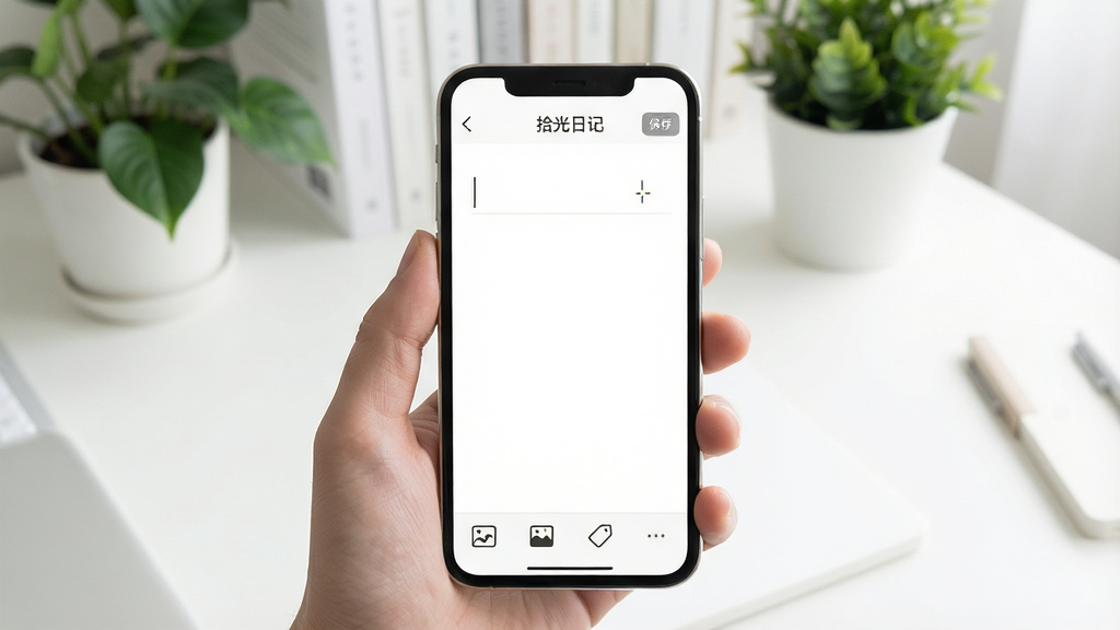 一张展示拾光日记编辑界面的图片,画面中手机屏幕显示纯白编辑页面,顶部有“拾光日记”文字和保存按钮,中间是光标闪烁的输入区域,底部有极简工具栏包括图片和标签图标,背景是干净的书桌和绿植,主体是手机和编辑界面,布局居中,风格极简清新,细节包括柔和的字体和留白,画质清晰,干净,无多余元素