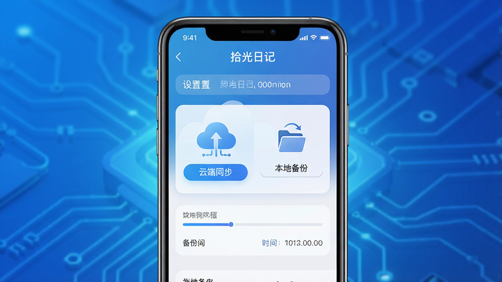 一张展示拾光日记云同步备份功能的图片,画面中手机屏幕显示设置页面,有“云端同步”和“本地备份”两个选项按钮,旁边有云朵图标和文件夹图标,背景是科技感的蓝色渐变,主体是手机和设置界面,布局居中,风格现代科技,细节包括同步进度条和备份时间戳,画质清晰,干净,无多余元素