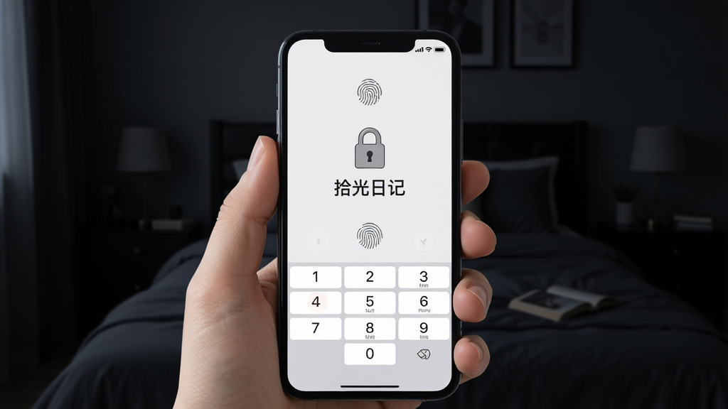 一张展示拾光日记隐私保护功能的图片,画面中一只手拿着手机,手机屏幕上显示密码输入界面,界面中央有一个锁形图标和“拾光日记”文字,背景是暗色调的卧室环境,主体是手机和密码界面,布局居中,风格安全私密,细节包括指纹识别图标和数字键盘,画质清晰,干净,无多余元素