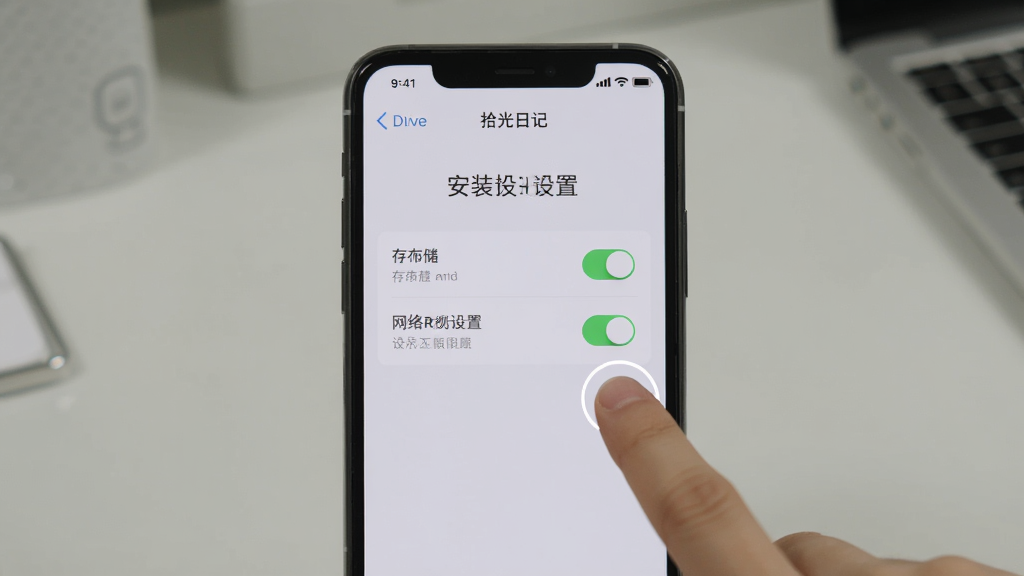 一张展示拾光日记在手机上安装和设置的图片,画面中手机屏幕显示权限设置页面,有存储和网络权限的开关按钮,旁边有手指点击的示意,背景是简洁的桌面,主体是手机和设置界面,布局居中,风格实用教程,细节包括权限开关和文字说明,画质清晰,干净,无多余元素