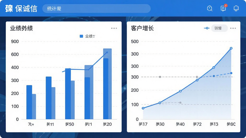 保诚信 数据统计仪表盘 展示业绩柱状图与客户增长曲线 布局清晰 蓝白配色 扁平化风格 图表细节丰富 画质干净 无多余元素