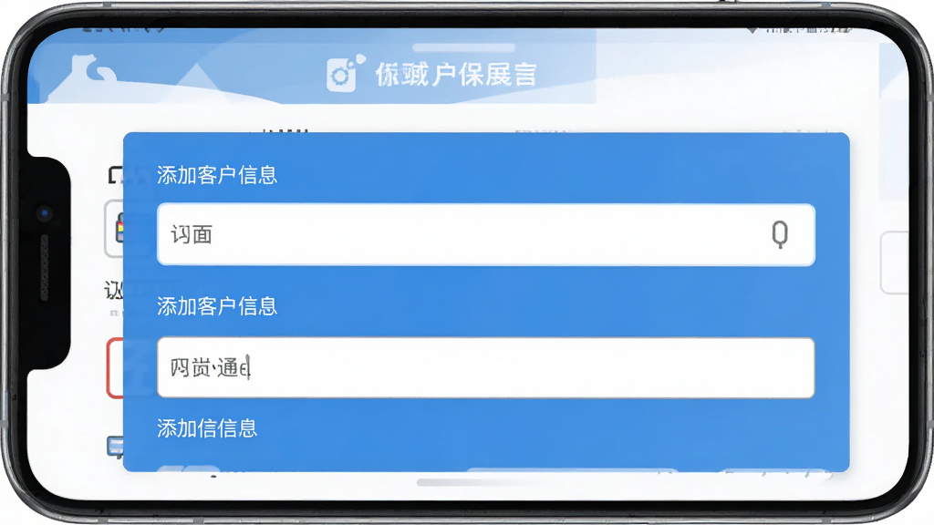 保诚信 手机端操作界面 展示添加客户信息表单 有输入框和标签选项 布局简洁 蓝白配色 扁平化设计 细节清晰 画质干净 无多余元素