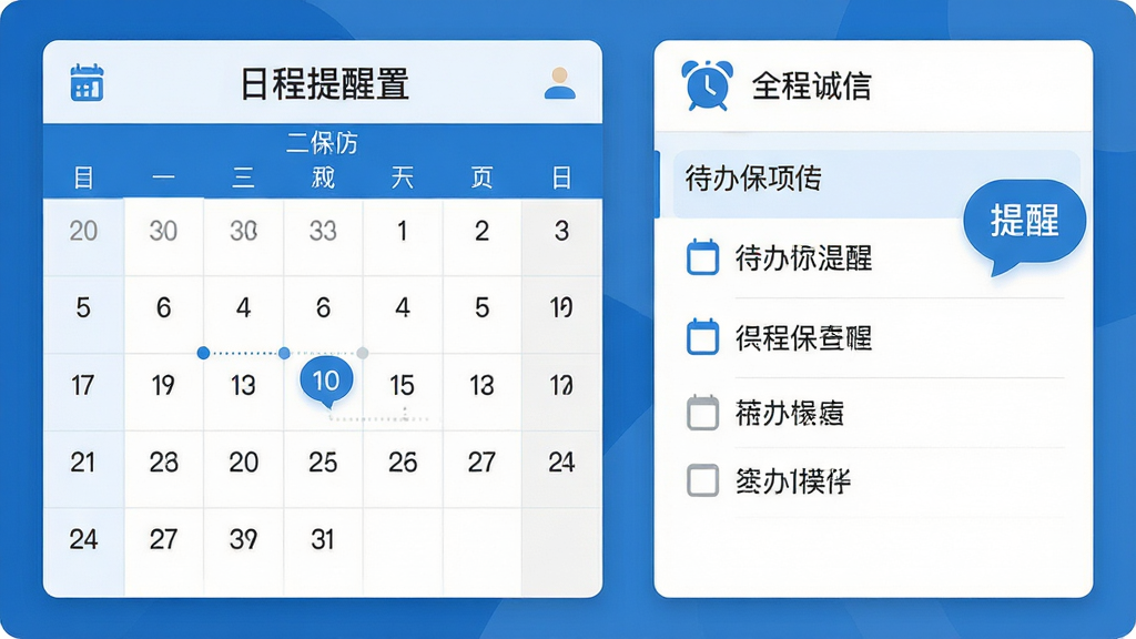 保诚信 日程提醒设置界面 展示日历视图与待办事项列表 有闹钟图标和提醒气泡 布局简洁 蓝白配色 扁平化设计 细节清晰 画质干净 无多余元素