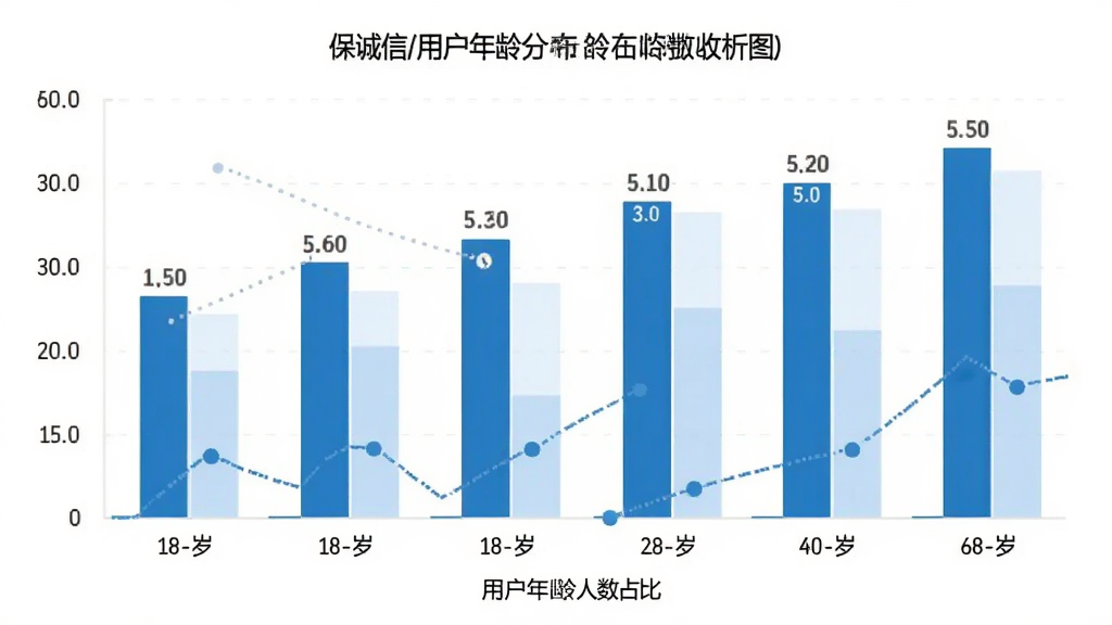 保诚信 用户年龄分布柱状图 展示18-60岁不同年龄段人数占比 布局清晰 蓝白配色 扁平化风格 图表细节丰富 画质干净 无多余元素