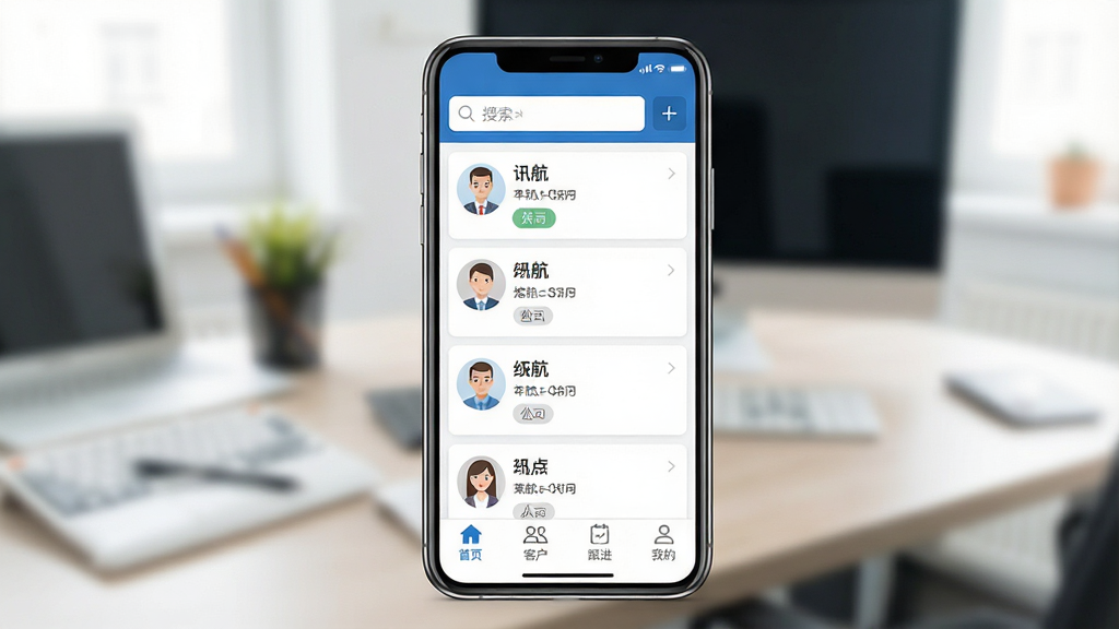 һ��չʾѶ��CRM�ֻ�Ӧ���������ͼƬ�������������ֻ���Ļ����Ļ����ʾѶ��CRM�Ŀͻ��б����棬�����������������Ӱ�ť���б�������ͻ�ͷ����������˾��ǩ���ײ�����������ҳ���ͻ����������ҵ��ĸ�ͼ�꣬������������ɫΪ������������񣬱�����ģ���İ칫������������ɾ��������޶���Ԫ��