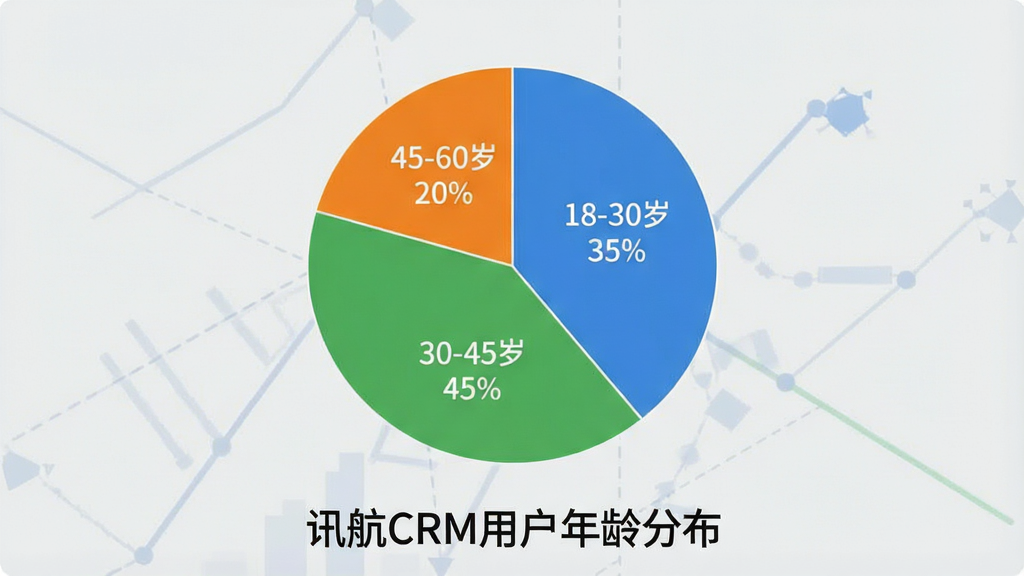 һ��չʾѶ��CRM�û�����ֲ���״ͼ��ͼƬ������������һ��Բ�α�ͼ����ͼ��Ϊ�����������ֱ��ע��18-30�� 35%����30-45�� 45%����45-60�� 20%������ɫΪ��ɫ����ɫ����ɫ��������ǳ��ɫ��ͼ���·��С�Ѷ��CRM�û�����ֲ�����������������񣬻����������޶���Ԫ��