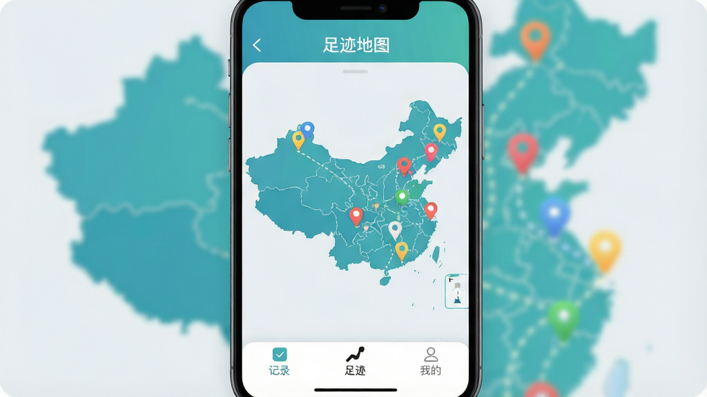 一张手机屏幕展示“足迹地图”应用主界面的图片,画面中央是中国地图轮廓,上面散布着多个彩色定位图钉和虚线轨迹,底部有“记录”“足迹”“我的”三个导航按钮,界面风格简洁清新,以蓝绿色为主色调,背景是柔和的浅灰色,整体布局清晰,细节圆润,画质干净明亮,无多余元素