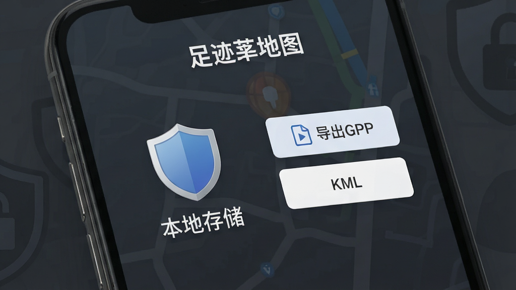 一张展示“足迹地图”隐私保护功能的图片,画面主体是手机屏幕显示一个盾牌图标和“本地存储”字样,旁边有导出GPX和KML文件的按钮,背景是深灰色安全主题,风格稳重简洁,细节清晰,画质干净,无多余元素