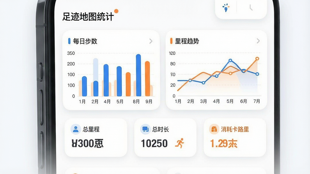 一张展示“足迹地图”数据统计页面的图片,画面主体是手机屏幕显示柱状图和折线图,分别代表每日步数和里程趋势,下方有总里程、总时长、消耗卡路里三个数据卡片,背景是白色卡片式布局,配色以蓝色和橙色点缀,风格现代扁平,细节圆润,画质干净,无多余元素