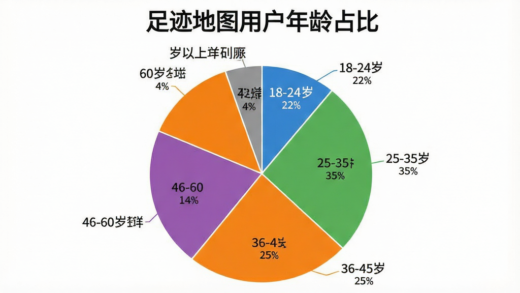 一张饼状图展示“足迹地图”用户年龄分布,画面主体是圆形饼图分为五个扇区,分别标注18-24岁占22%、25-35岁占35%、36-45岁占25%、46-60岁占14%、60岁以上占4%,配色采用蓝绿橙紫灰五种颜色区分,背景是白色简洁风格,图表标题为“足迹地图用户年龄占比”,细节清晰,画质干净,无多余元素