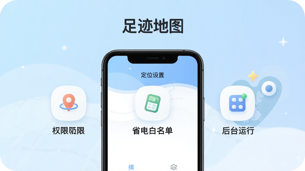 一张展示“足迹地图”新手设置引导页面的图片,画面主体是手机屏幕显示权限设置步骤,包括定位权限、省电白名单、后台运行三个图标,每个图标下方有简短文字说明,背景是浅蓝色渐变,风格友好清晰,细节圆润,画质干净,无多余元素