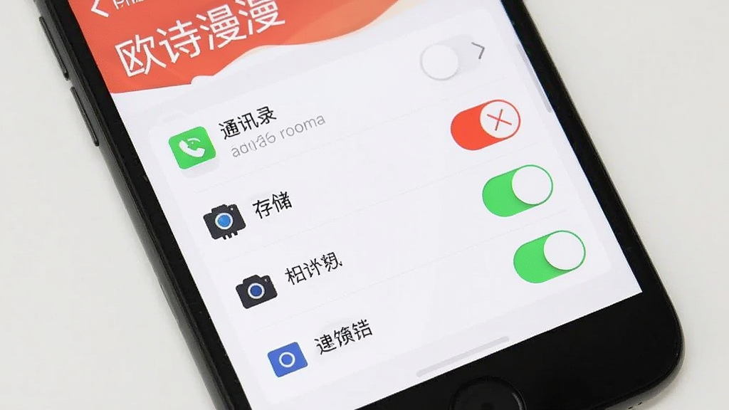 一张手机屏幕显示欧诗漫头条App的权限设置页面,界面中有通讯录、存储、相机等权限开关,其中通讯录权限被标记为红色禁止状态,背景简洁,风格扁平化,画质清晰,文字标注明确无多余元素